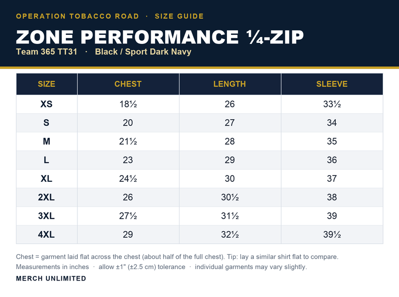Team 365 TT31 quarter-zip size chart