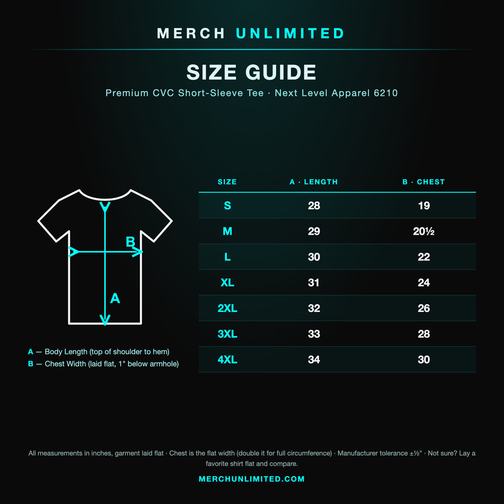 Size guide — Next Level 6210 tee, body length and chest width by size